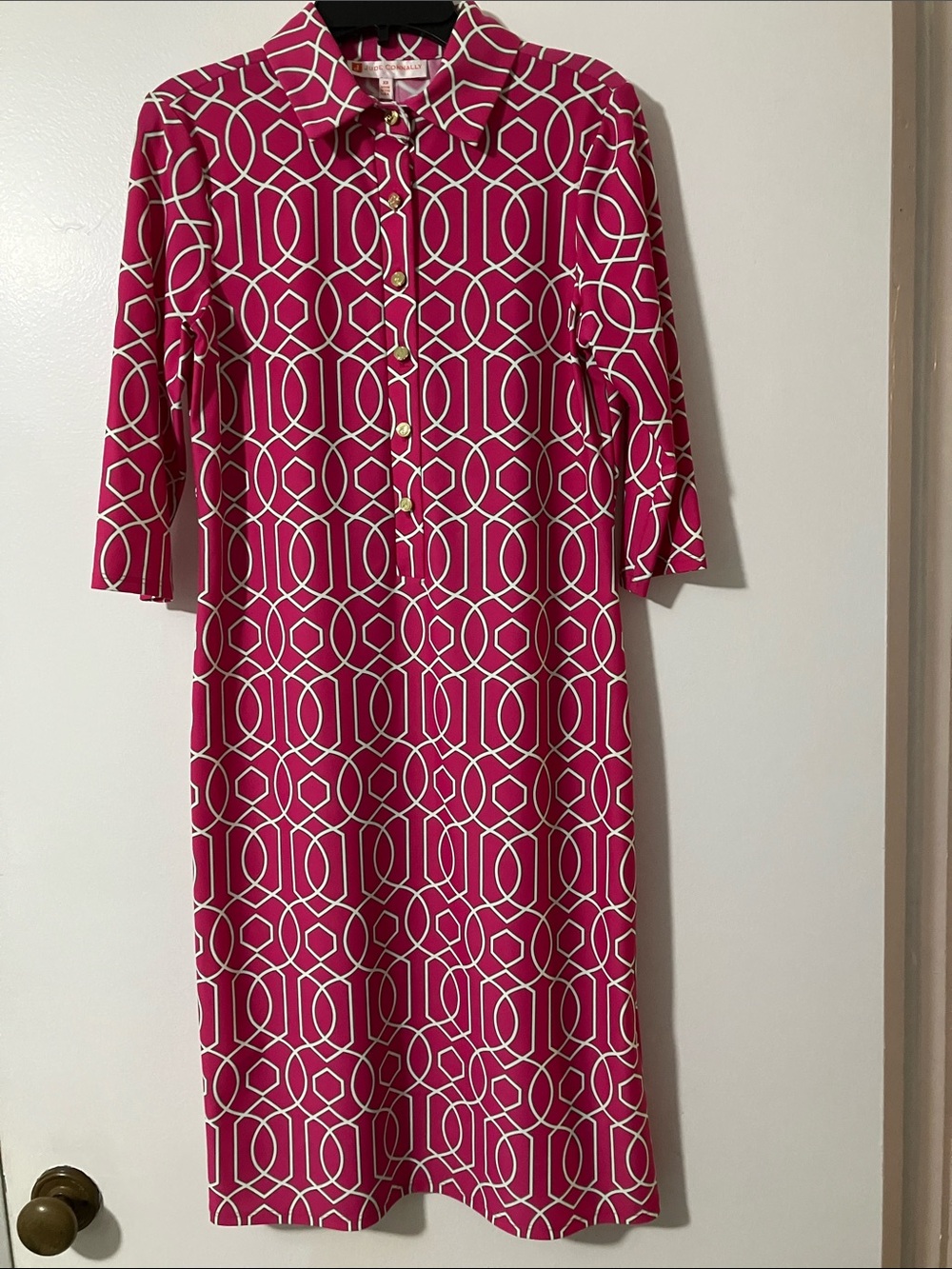 Jude Connally Fuchsia Geometric Button-Front Midi Dress